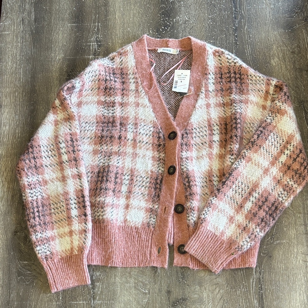 Ricki's Pink Plaid Cardigan Sweater - Picture 1 of 6
